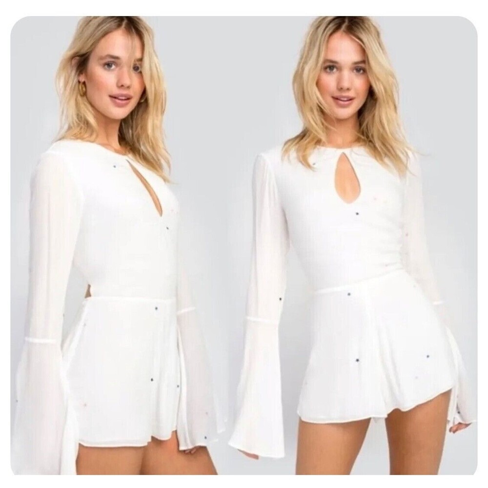 Wildfox Romper Women Small White Mansfield Starlet Star Long Sleeve Key Hole New